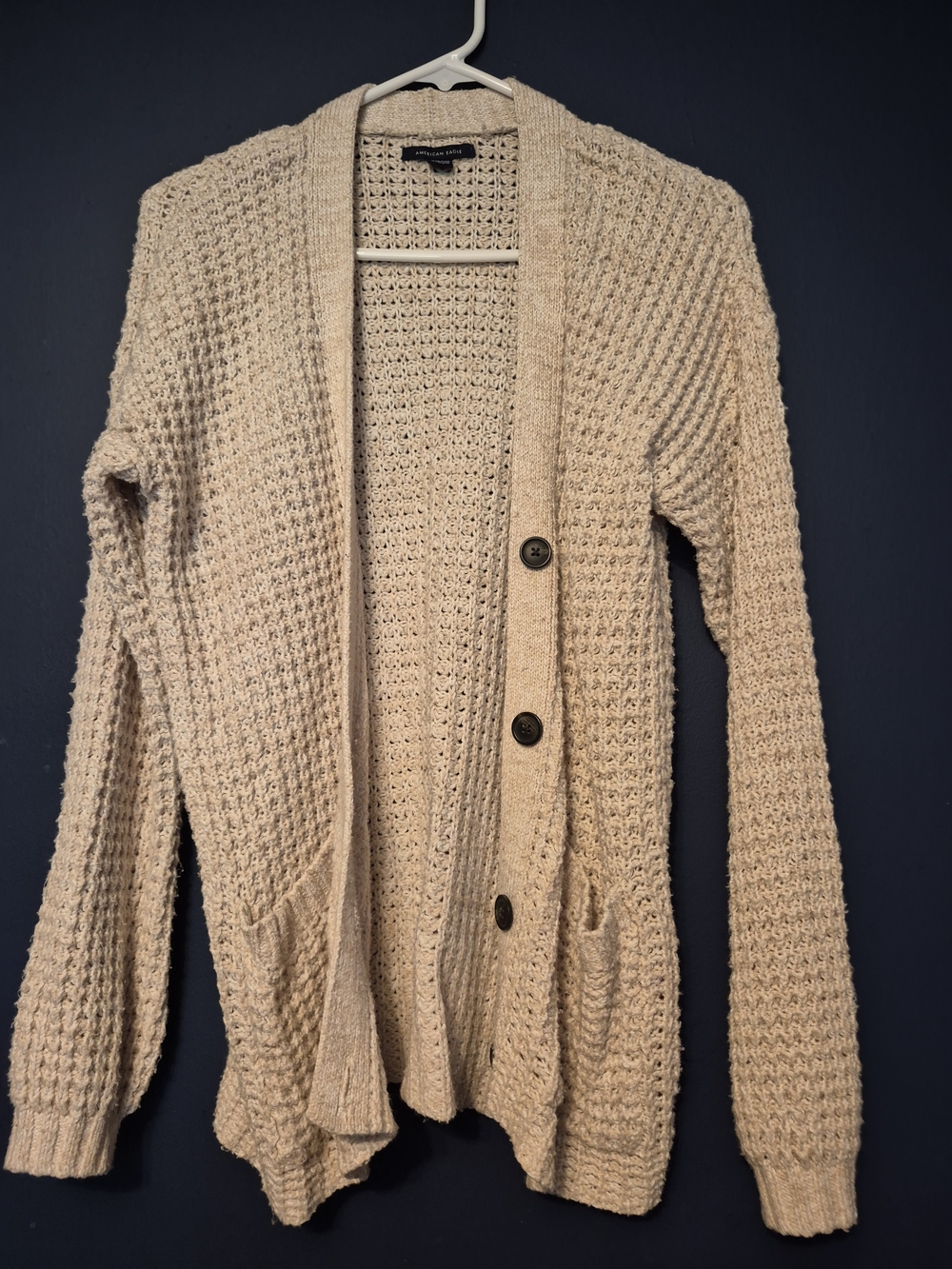 American Eagle Outfitters Tan Waffle-Knit Button Cardigan